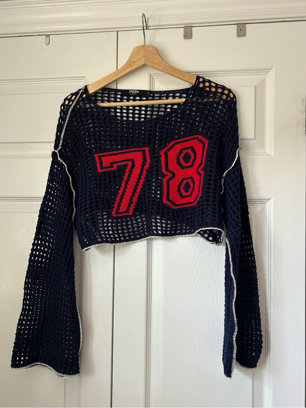 Jaded London Navy Open-Knit Cropped Sweater with Red '78 Patch